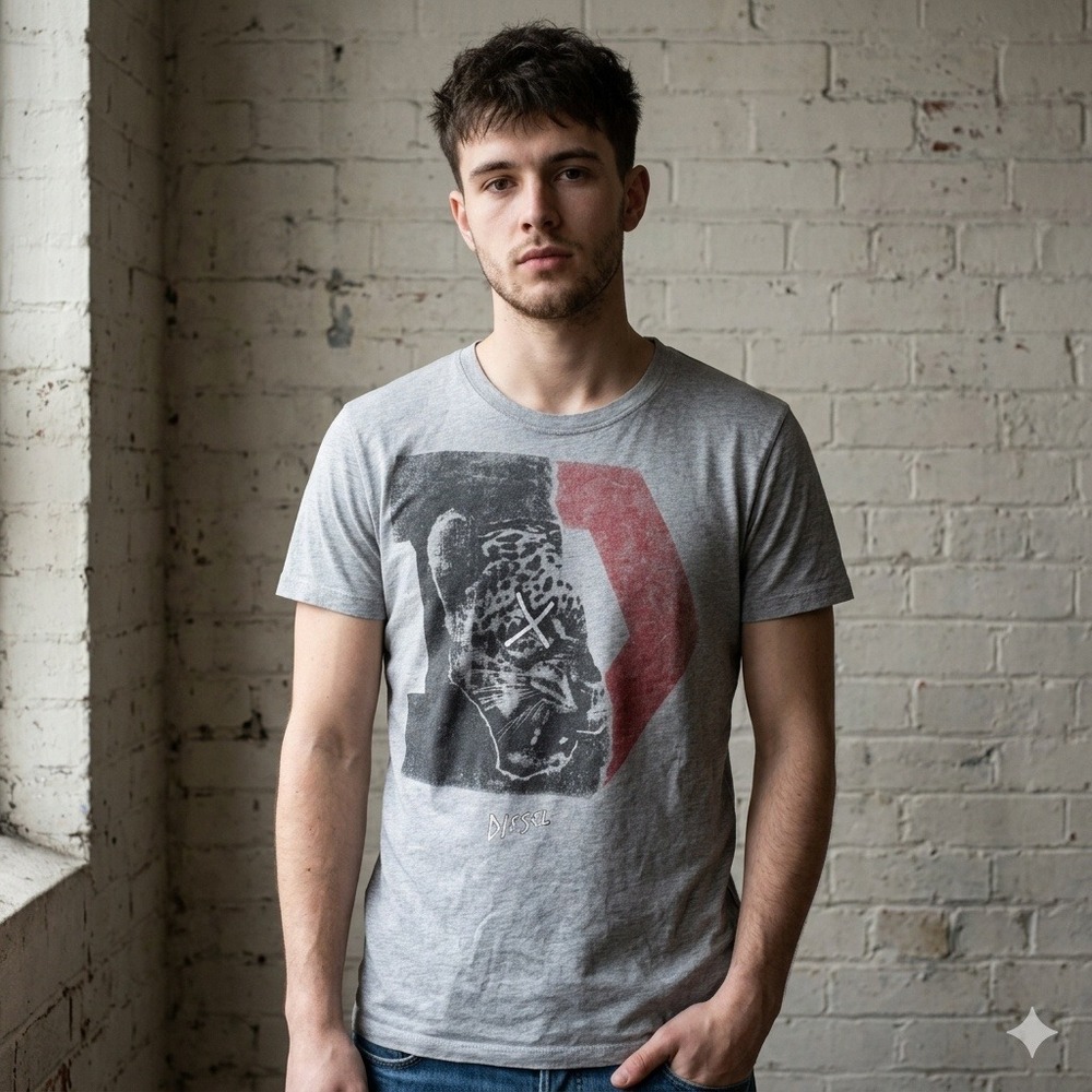 Diesel Graphic Top Mens Medium Grey Leopard Logo Print Streetwear‎ Edgy Indie